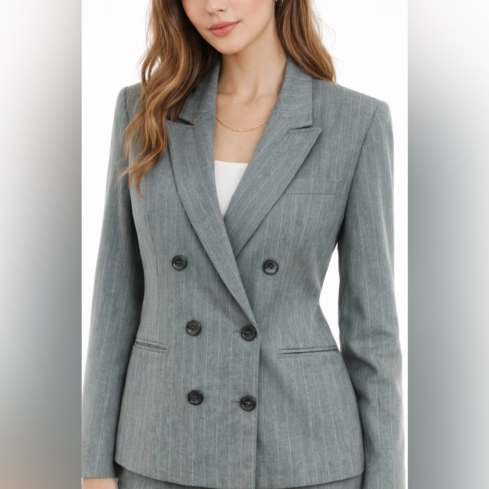 🇨🇦 Vintage 80s Grey Double Breasted Power Blazer Pinstripe Tailored Size Medium